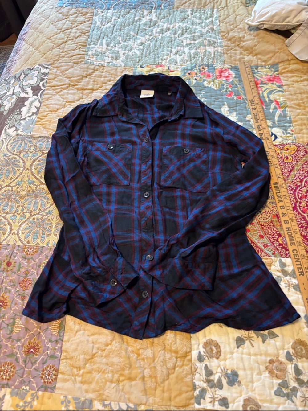 CAbi Blue, Black, and Burgundy Plaid Shirt